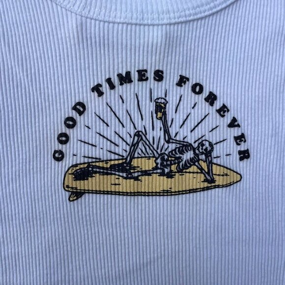 “Good Times Forever” Skeleton Graphic White Ribbed Tank Top Size L Halloween - Picture 2 of 7